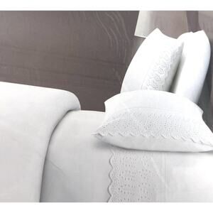 Rachel Ashwell Embroidered Eyelet Hem QUEEN Sheet Set White All Cotton NIP